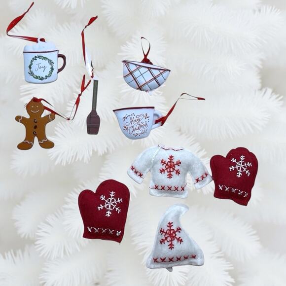 Mini Christmas Tree Ornaments set/9 Red & White NEW - Picture 1 of 4